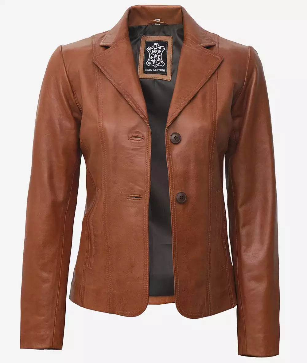 women tan leather blazer