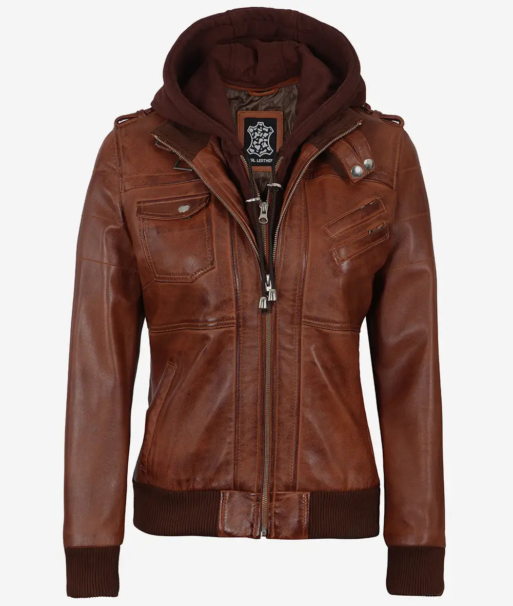 Cognac brown hooded leather jacket