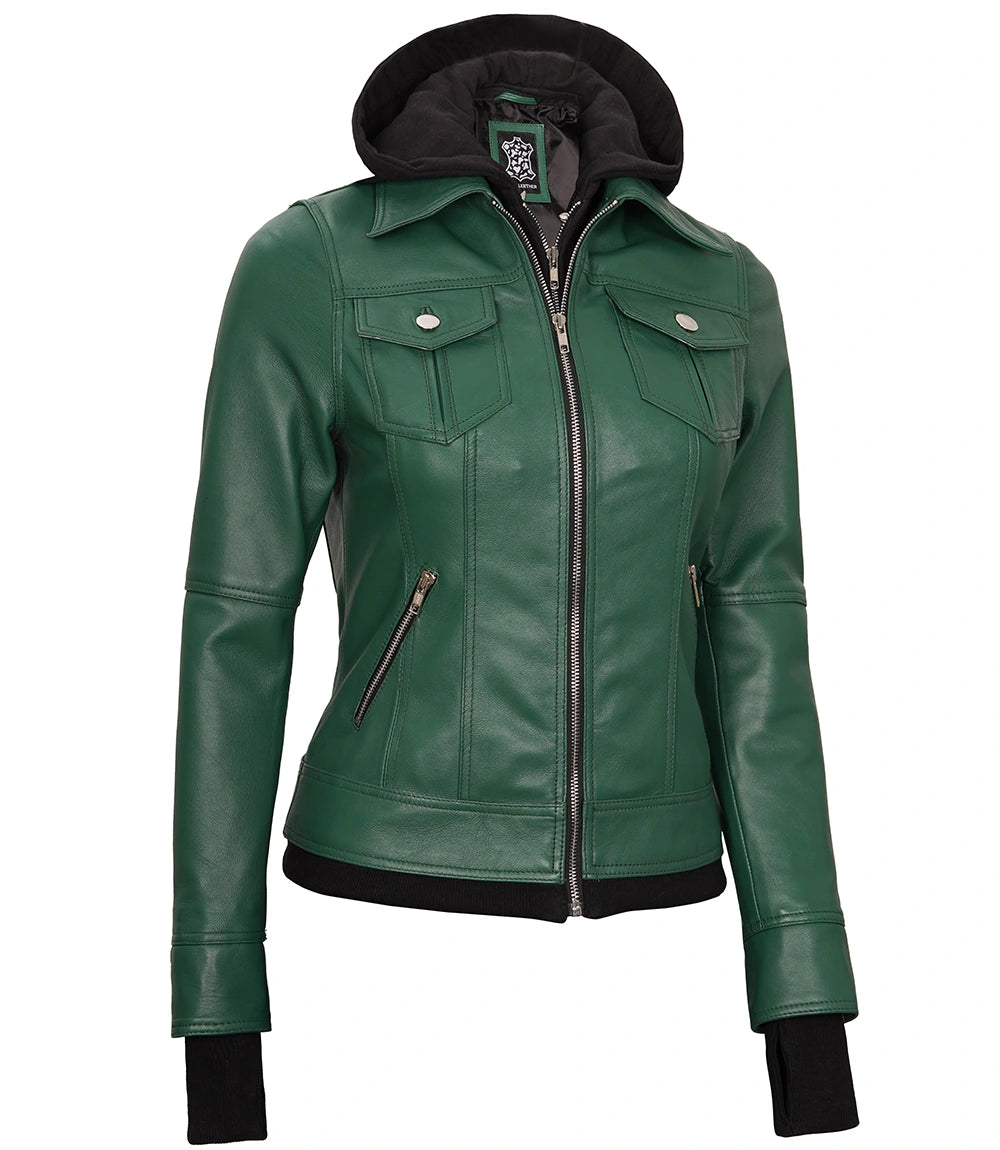 women leather hooded jacket