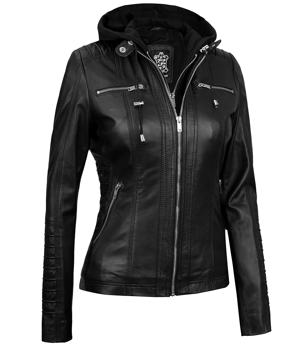 Women leather jacket with hood