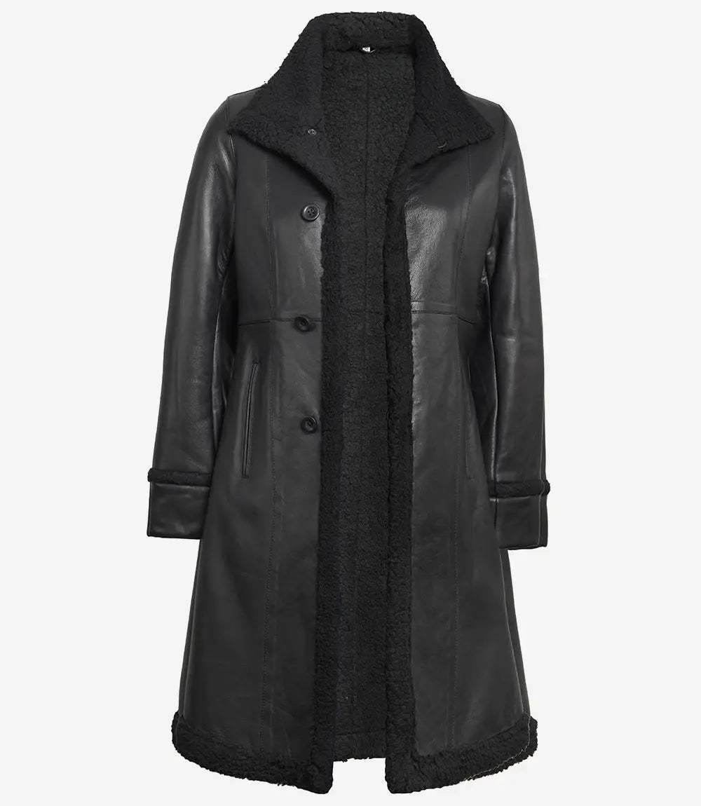 women shearling black leather coat