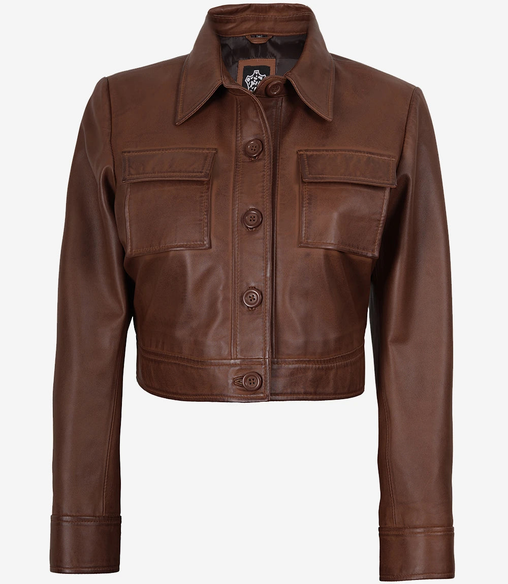 Freddie Women's Cognac Brown Cropped Shirt Collar Leather Jacket - Front