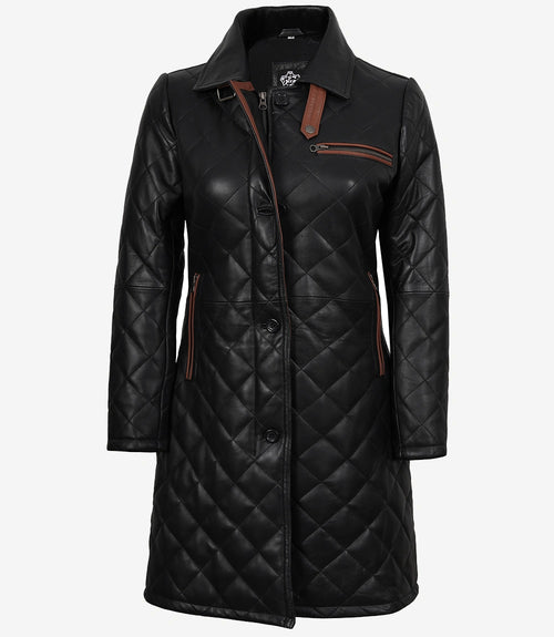 Glen Women's Black Quilted Real Leather Car Coat