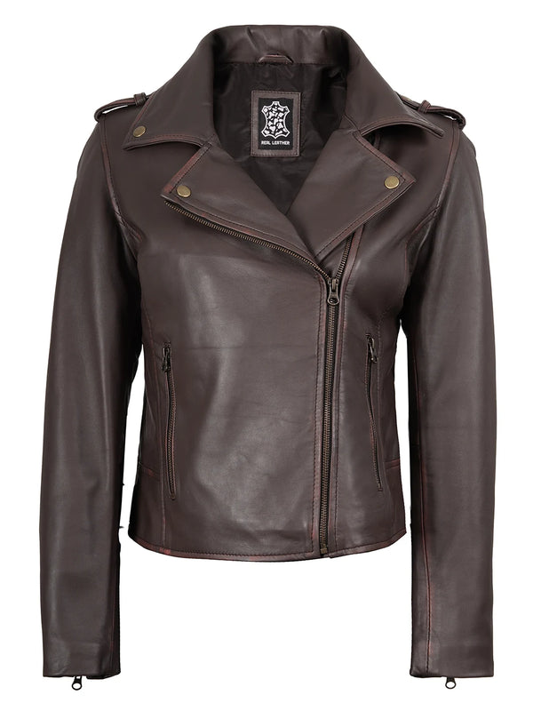 womens biker jacket dark brown