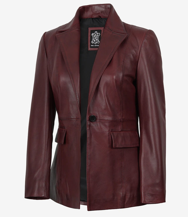 Women's burgundy wax finish single-button lambskin blazer