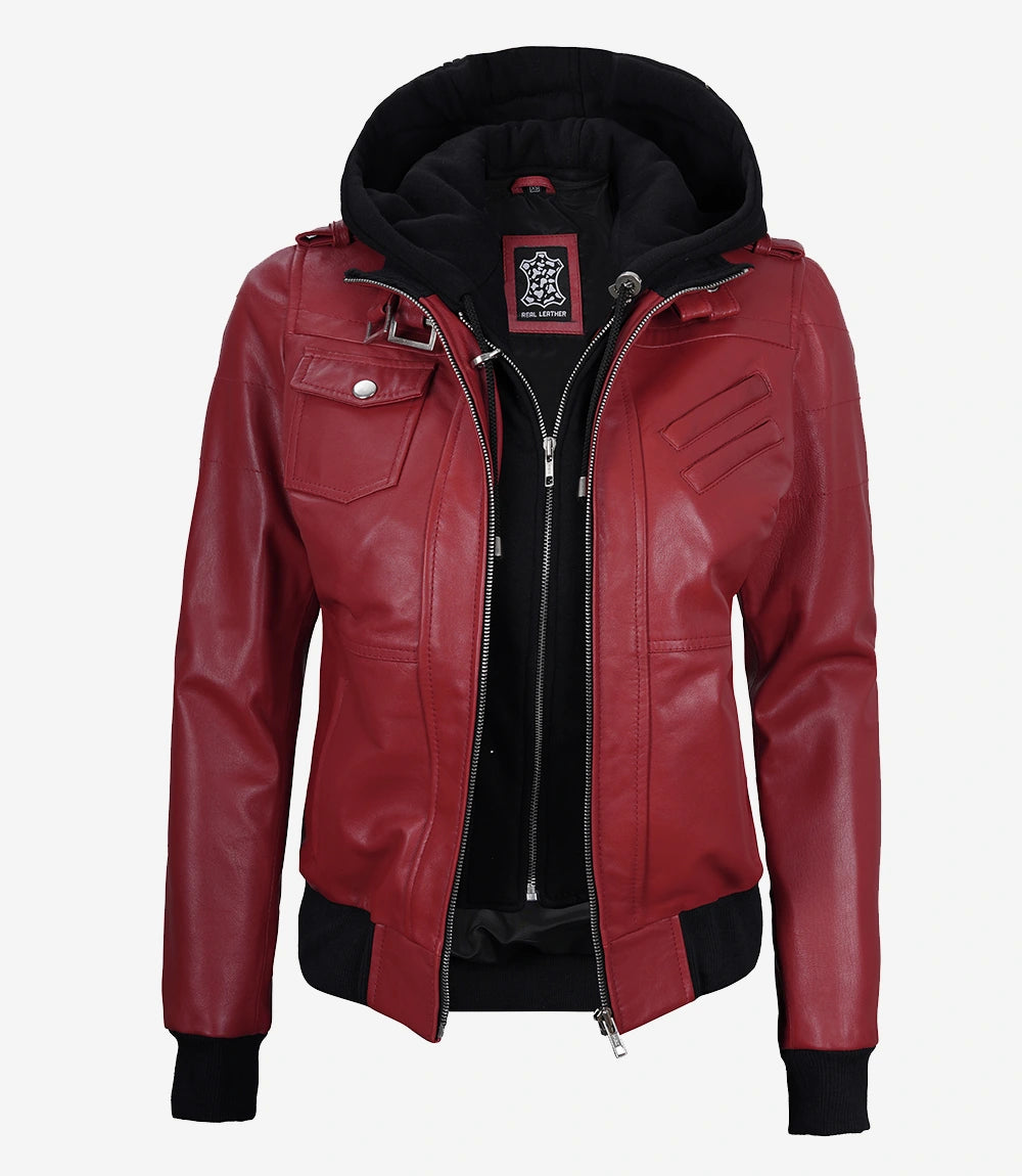 Women's Red Lambskin Jacket with Removable Hood – Decrum