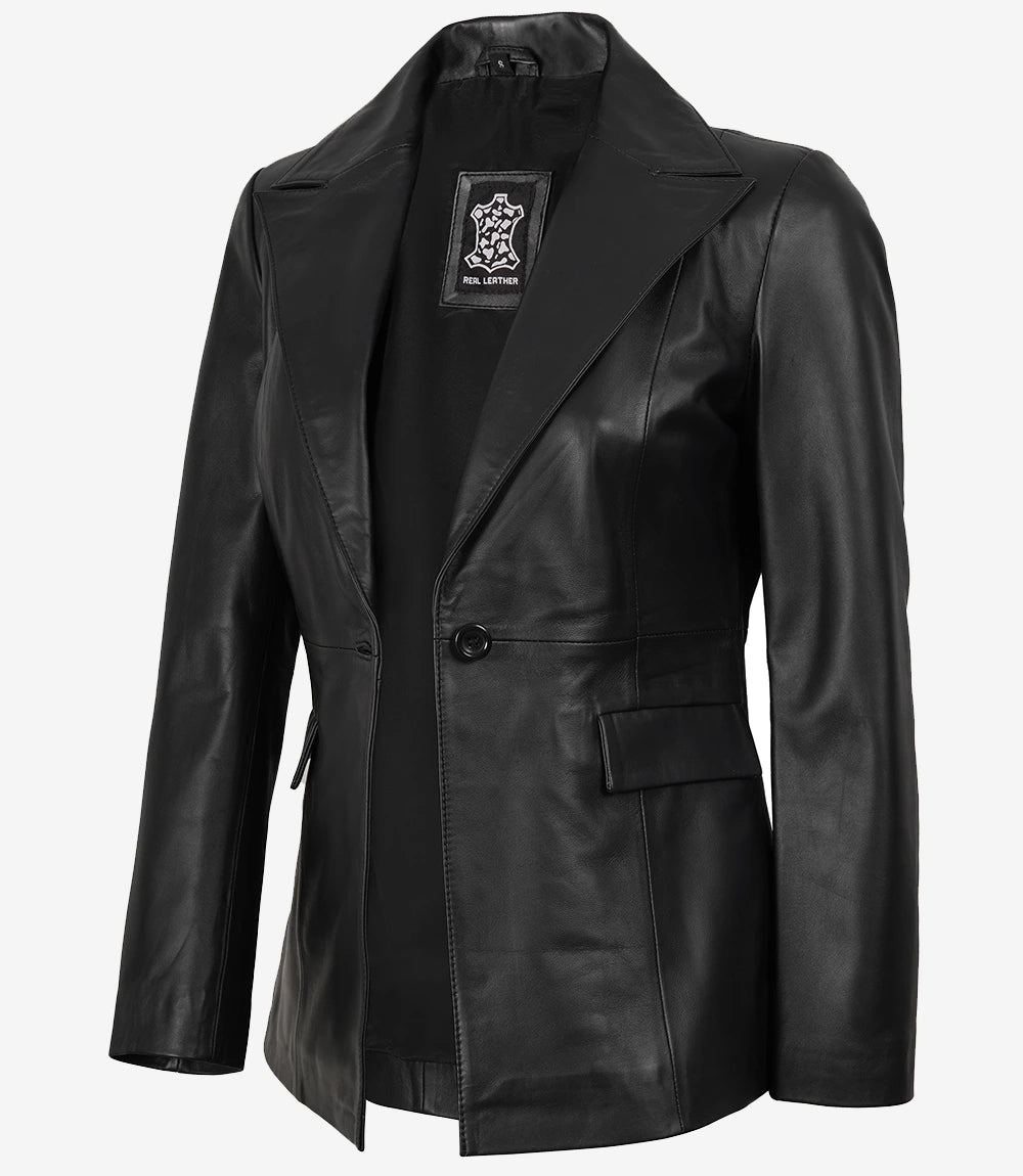 Women's Black Lambskin Single-Button Notch Lapel Blazer - Front