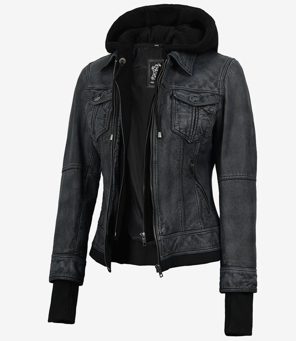 Women's Washed Black Lambskin Bomber Jacket with Removable Hood - Front