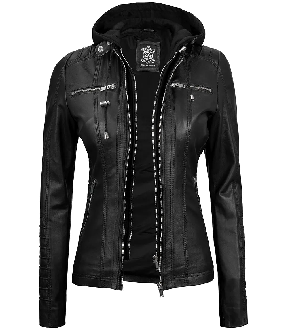 Women black leather jacket with hood