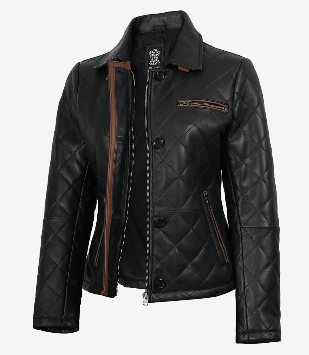 Women's Black Diamond Quilted Leather Jacket with Brown Trim - Front