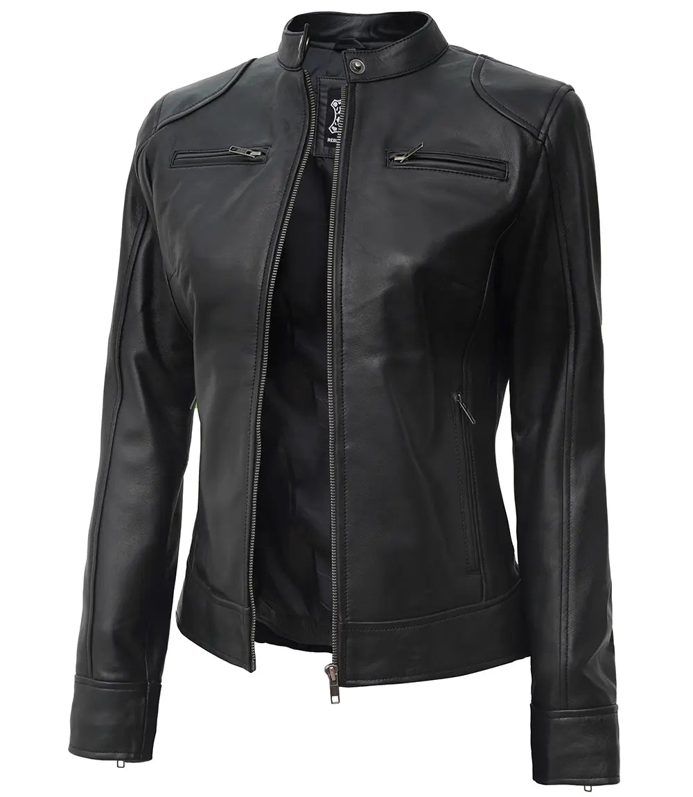 womens black leather jacket