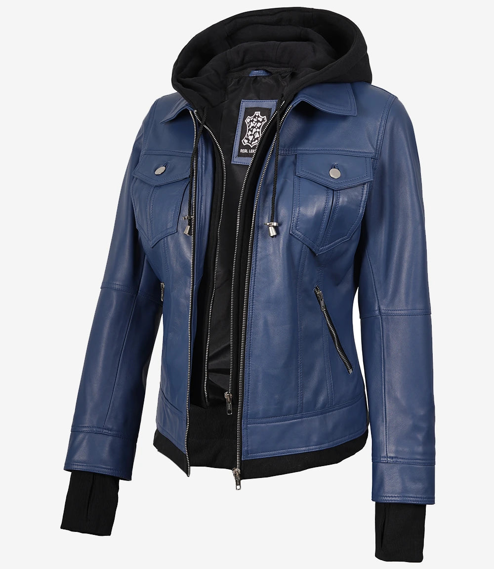 Women's Blue Lambskin Bomber Jacket with Removable Hood - Front