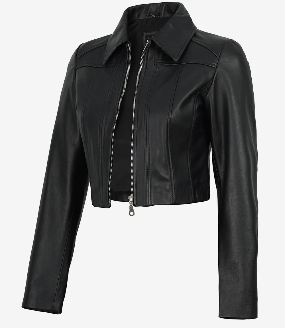 Women's Black Cropped Lambskin Harrington Jacket - Front