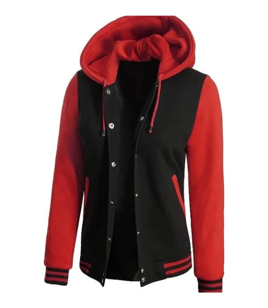 womens red and white varsity jacket hooded