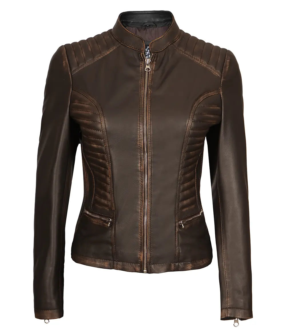 womens rub off brown leather jacket