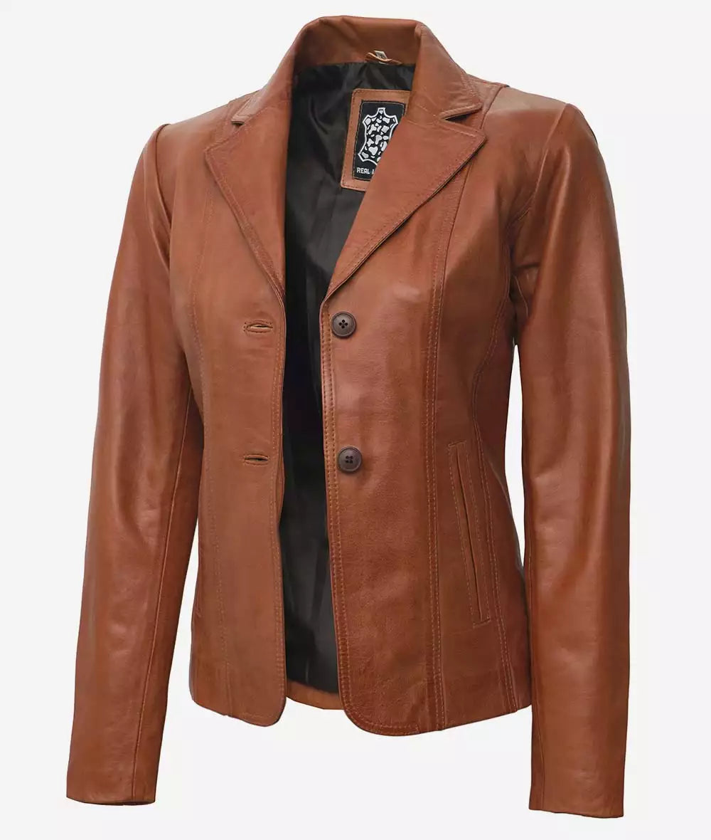 women tan leather blazer