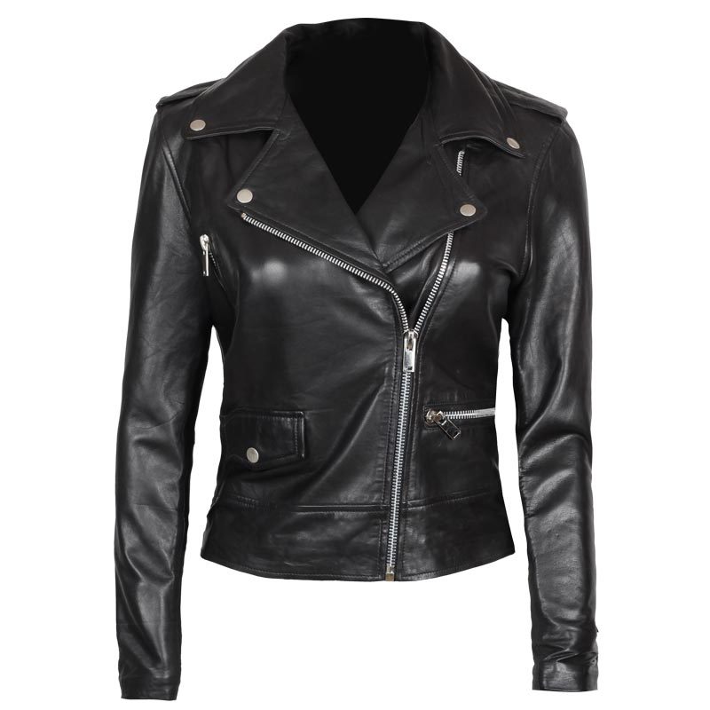 Amber Women Asymmetrical Black Biker Leather Jacket - Decrum