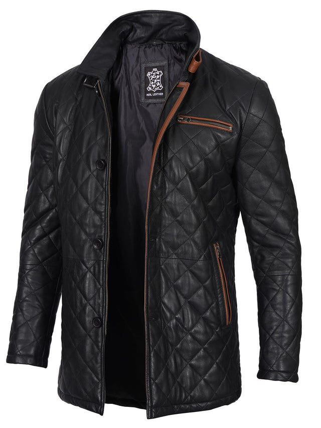 Men's black diamond quilted leather car coat with brown trim