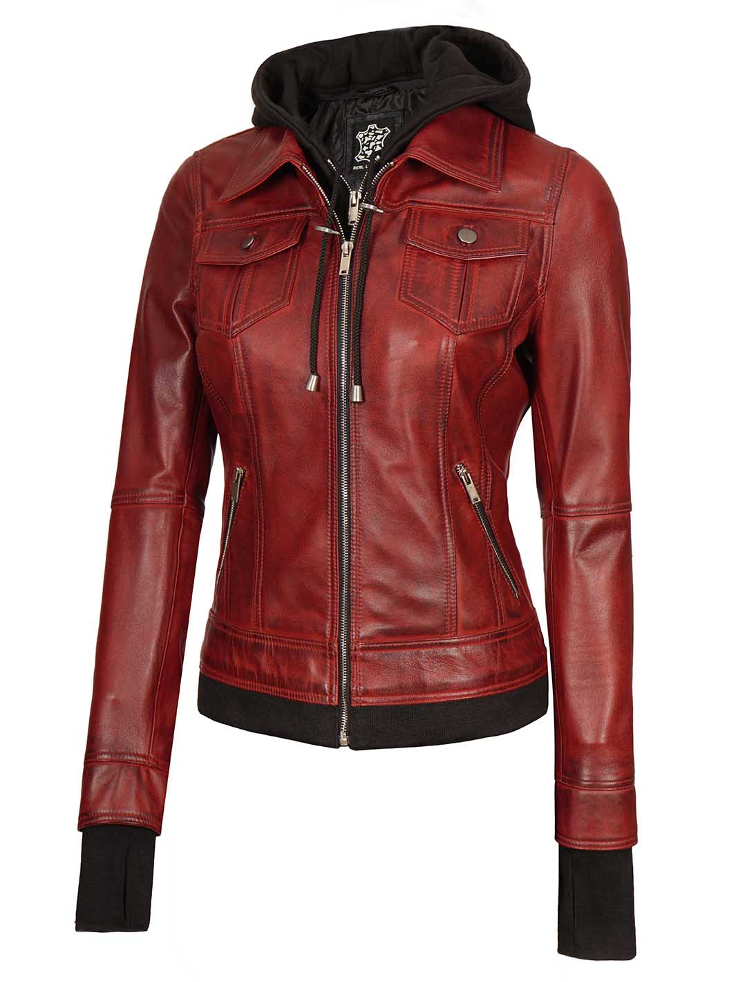 Maroon Leather Jacket with Removable hood