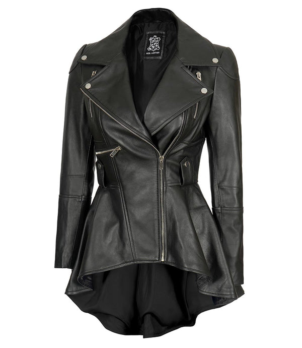 Women's Asymmetrical Black Peplum Leather Jacket