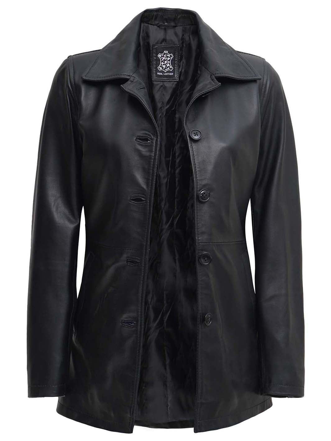 Womens Black Leather Car Coat